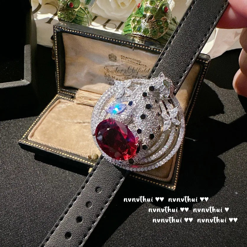 2023 New Exquisite S925 Silver Lab Ruby Emerald Leopard Bracelet with UP Belt Wrist Luxury Vintage Wrap Bangles Women Jewelry