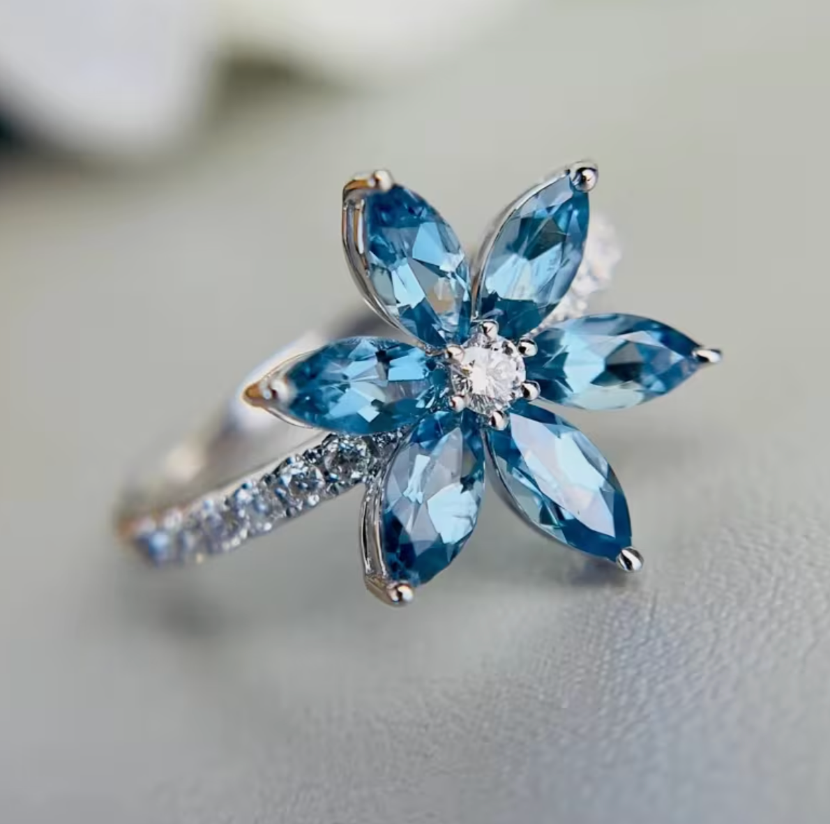 Marquise Blue Gemstone Floral Ring