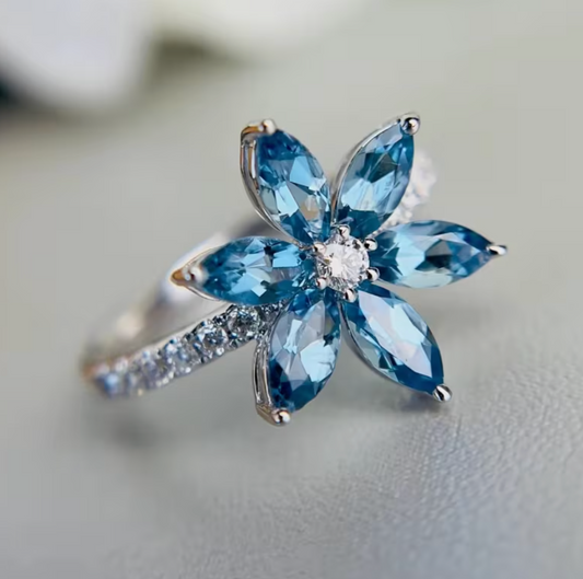Marquise Blue Gemstone Floral Ring