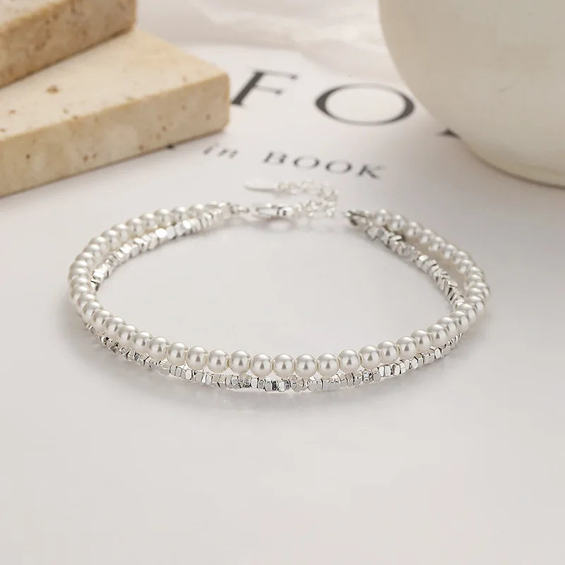 925 Sterling Silver Bracelet Double Layer Pearl Bracelet for Women Girl Vintage Luxury Design Bead Korean Jewelry Charm Bracelet