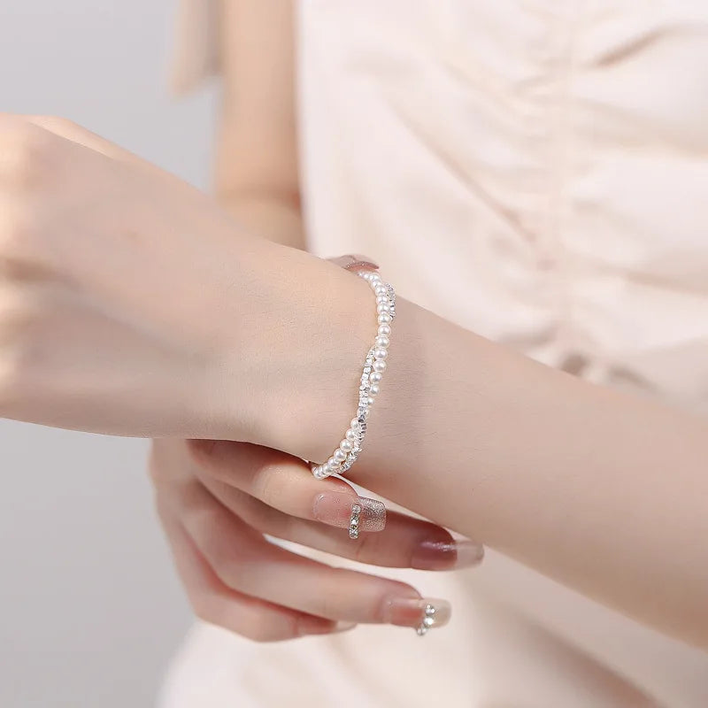 925 Sterling Silver Bracelet Double Layer Pearl Bracelet for Women Girl Vintage Luxury Design Bead Korean Jewelry Charm Bracelet