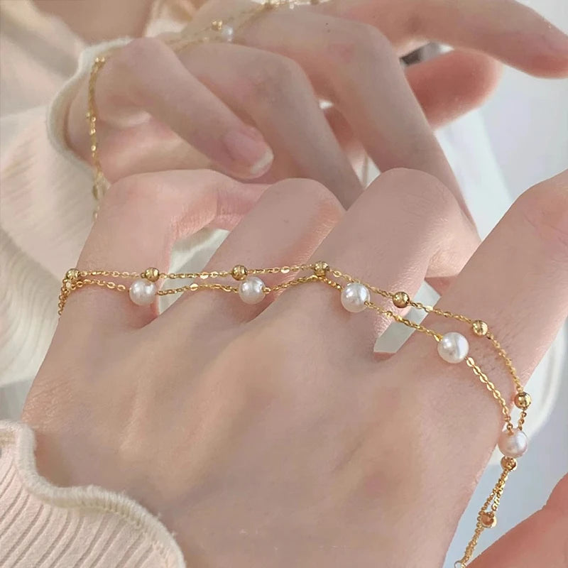 925 Sterling Silver Minimalist Pearl Double-Layer Bracelet, Exquisite Starry Stacked Bracelet Wedding Jewelry Bridesmaid Gift