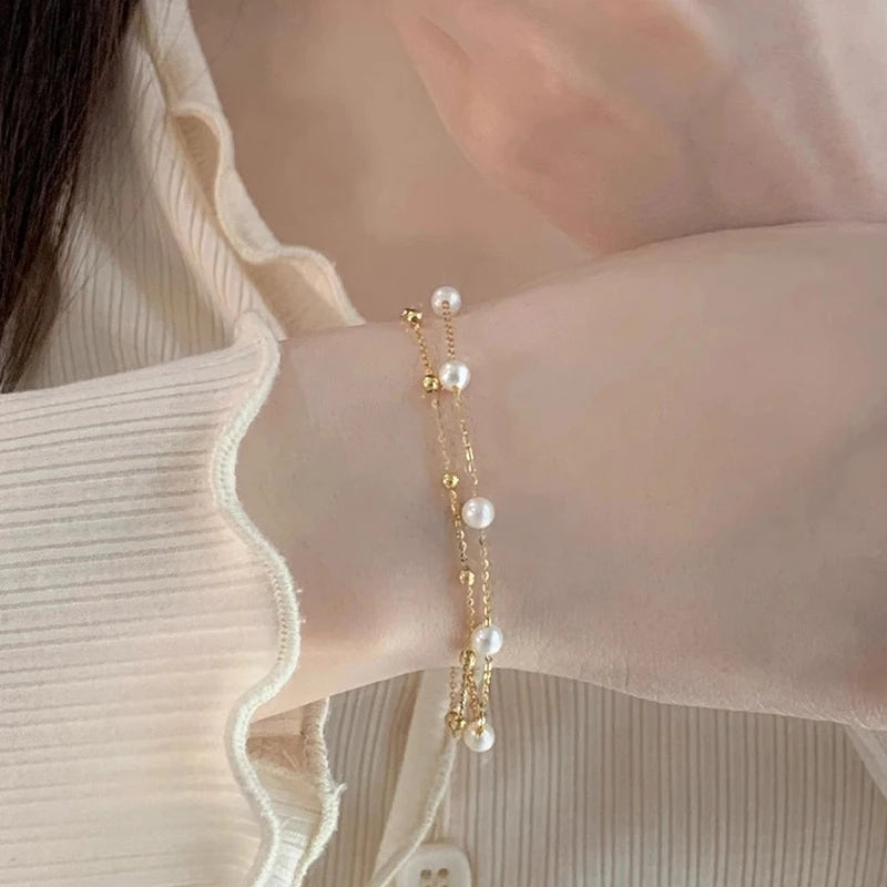 925 Sterling Silver Minimalist Pearl Double-Layer Bracelet, Exquisite Starry Stacked Bracelet Wedding Jewelry Bridesmaid Gift