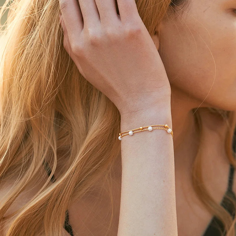 925 Sterling Silver Minimalist Pearl Double-Layer Bracelet, Exquisite Starry Stacked Bracelet Wedding Jewelry Bridesmaid Gift