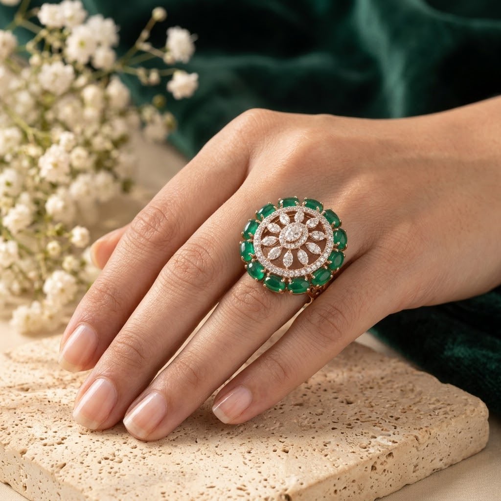 Emerald Sunburst Statement Ring