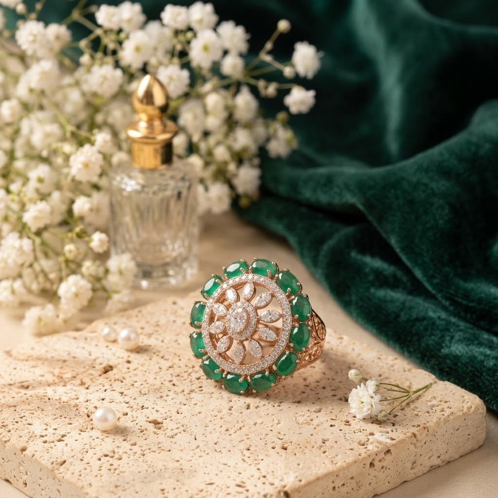Emerald Sunburst Statement Ring