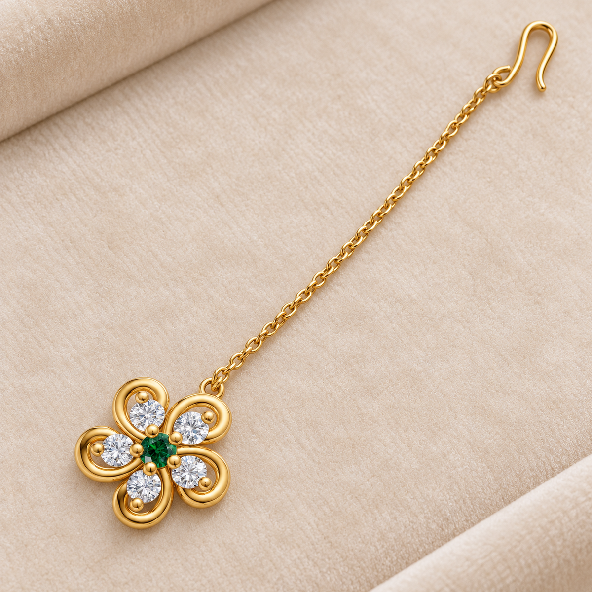 Petite golden five-petal maang tikka with chain and hair hook