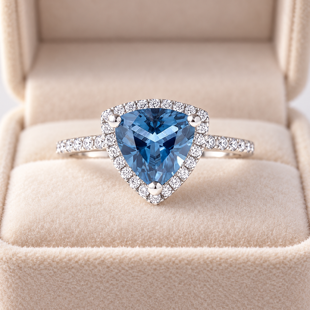 Blue Trillion Halo Ring with slim single-row band