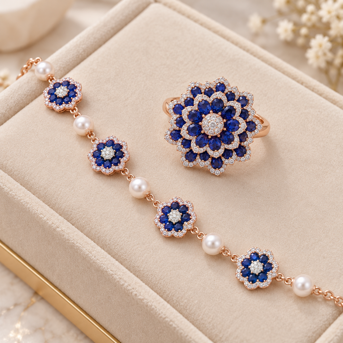 Sapphire Blue Floral Bracelet & Ring Set