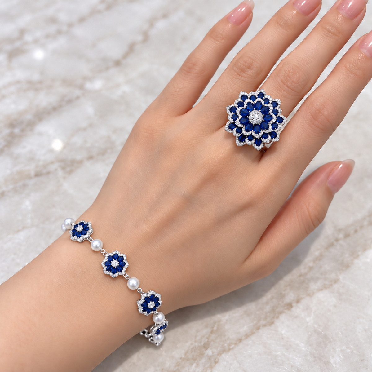 Silver plated sapphire blue floral bracelet and ring