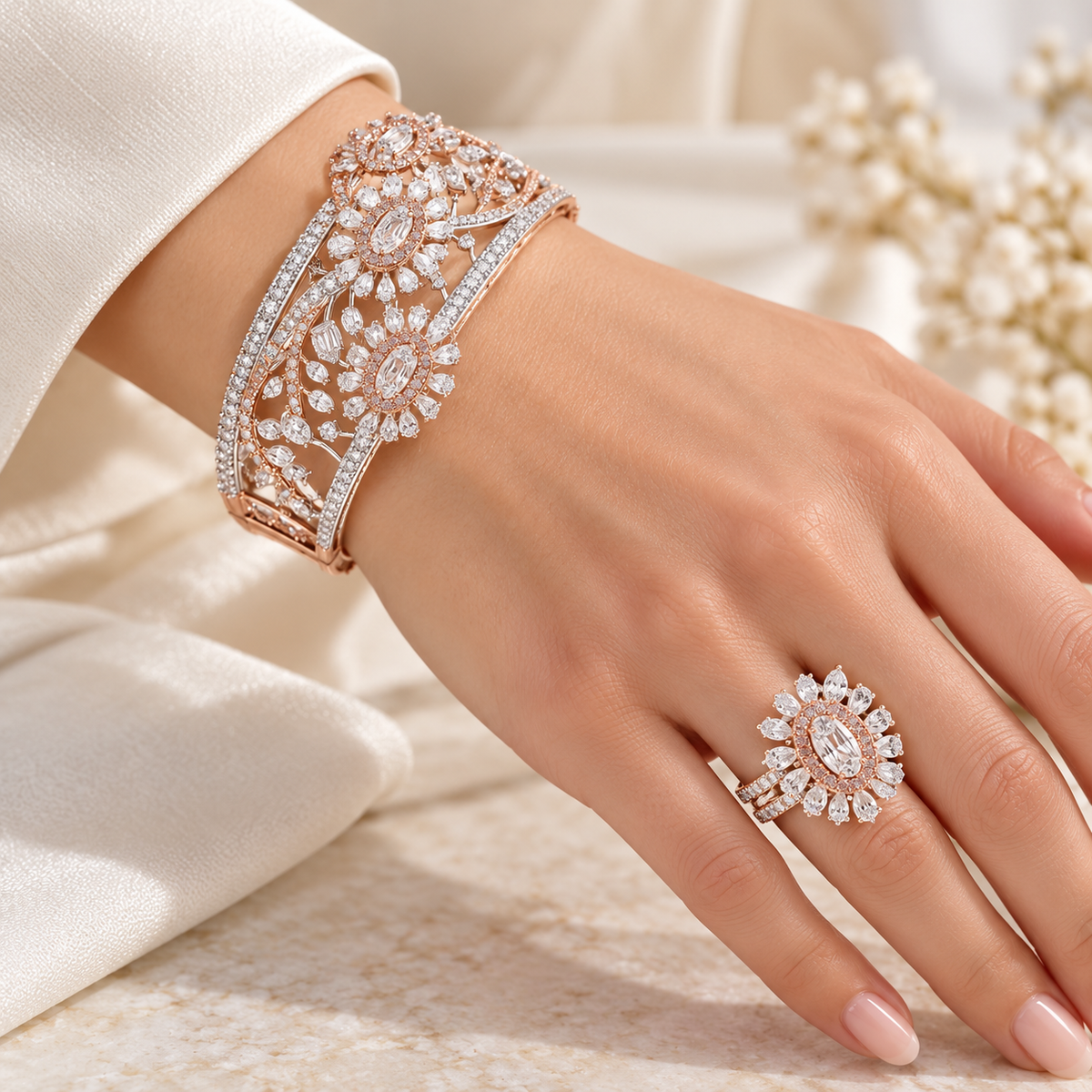 Rose gold floral bangle and matching ring on model