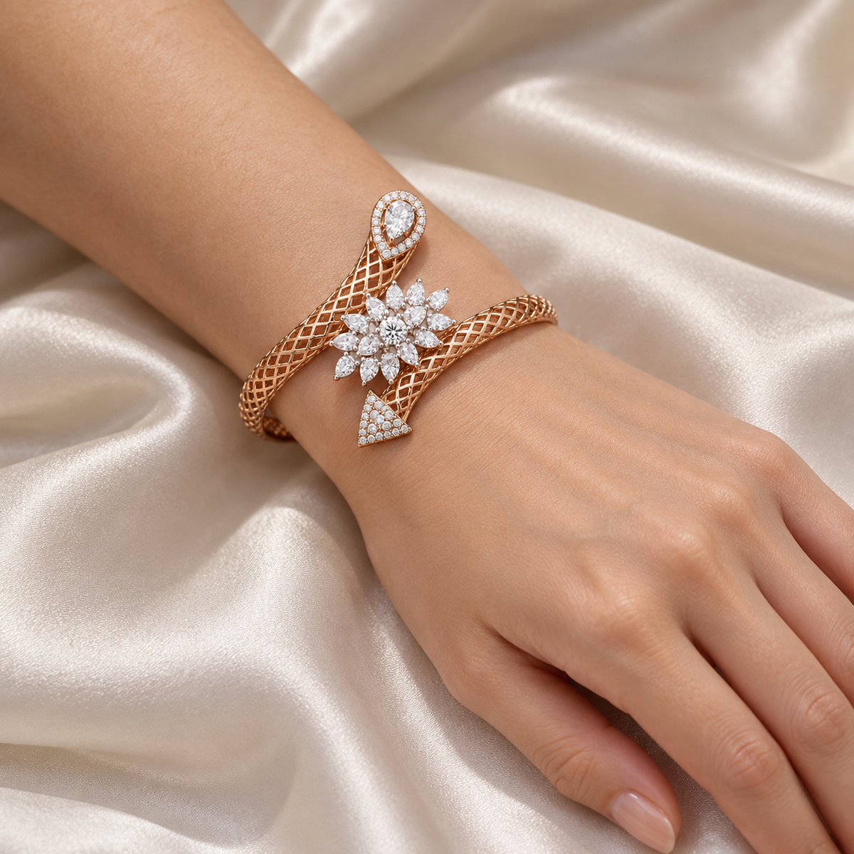 Floral Lattice Bypass Kada — Hand