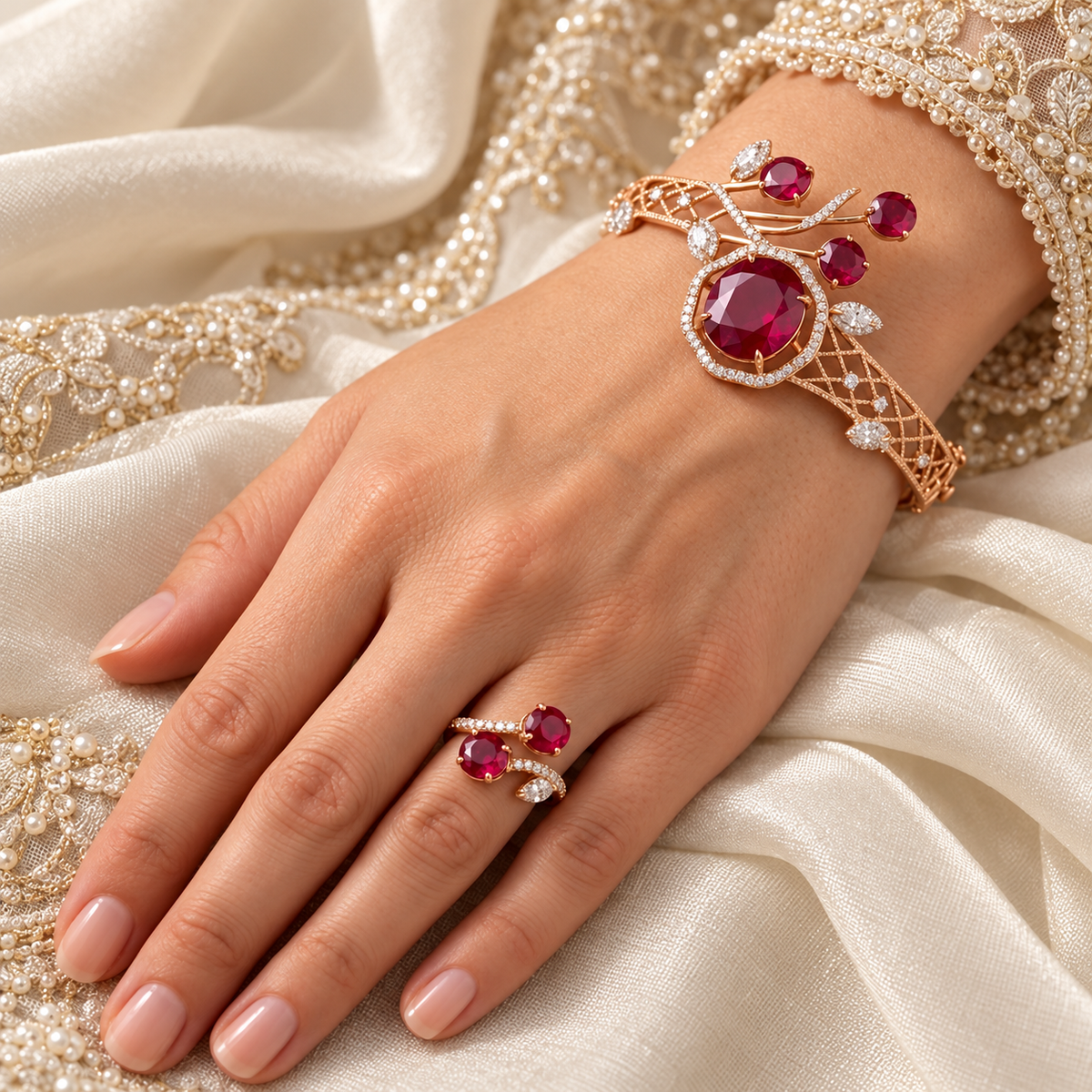 Gold ruby lattice bracelet and twin-stone ring on ivory bridal hand