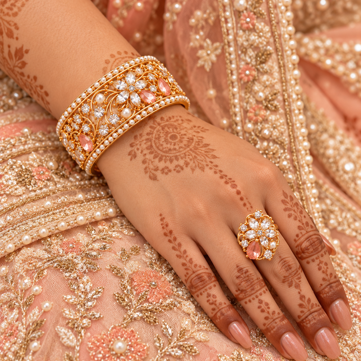 Peach pearl bridal bangle and ring worn on hand