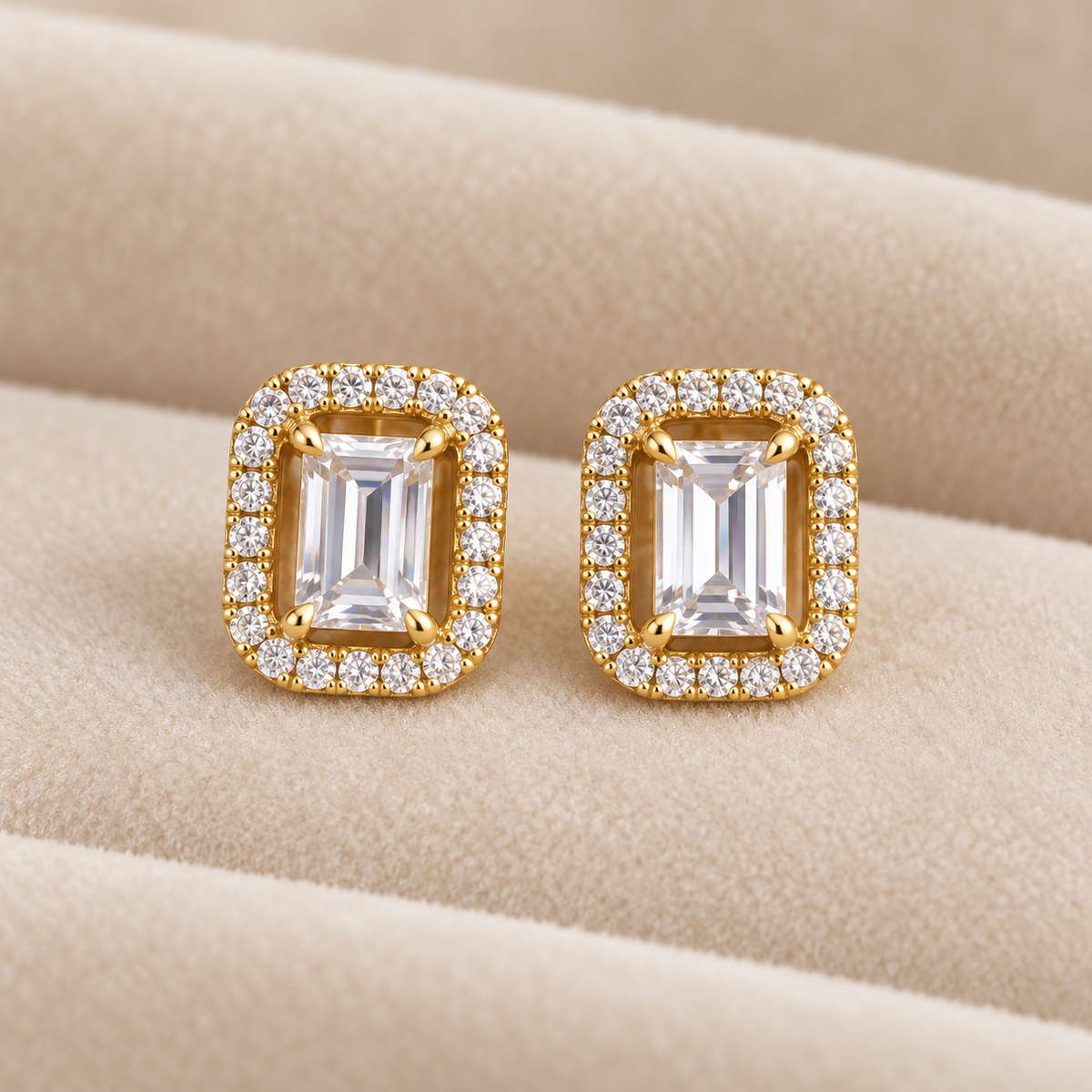 Gold rectangular halo studs