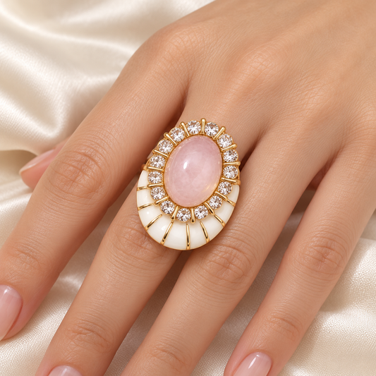 Pink Opal Enamel Halo Ring — Hand