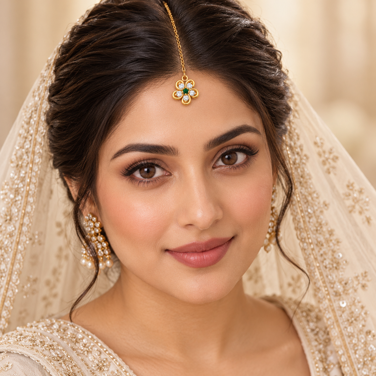 Petite green-centre five-petal maang tikka on bride
