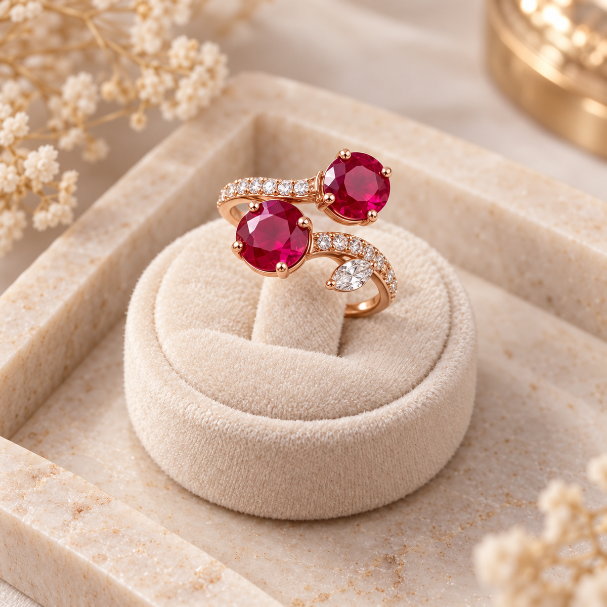 Ruby twin-stone ring on velvet display