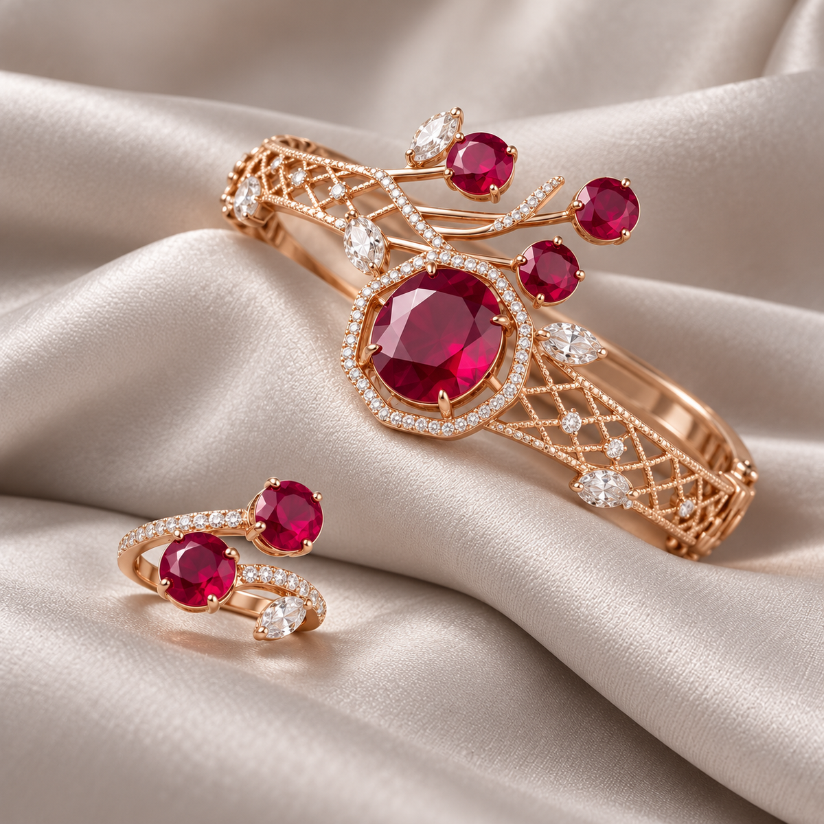 Ruby lattice bracelet and ring on pearl grey satin