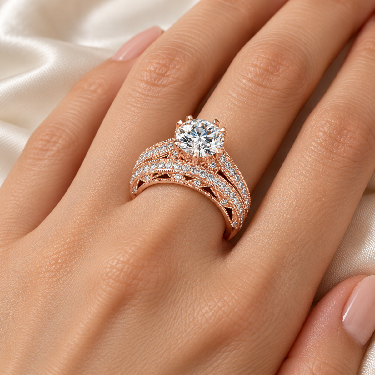 Vintage Crossover Solitaire Ring — Rose Gold on model hand