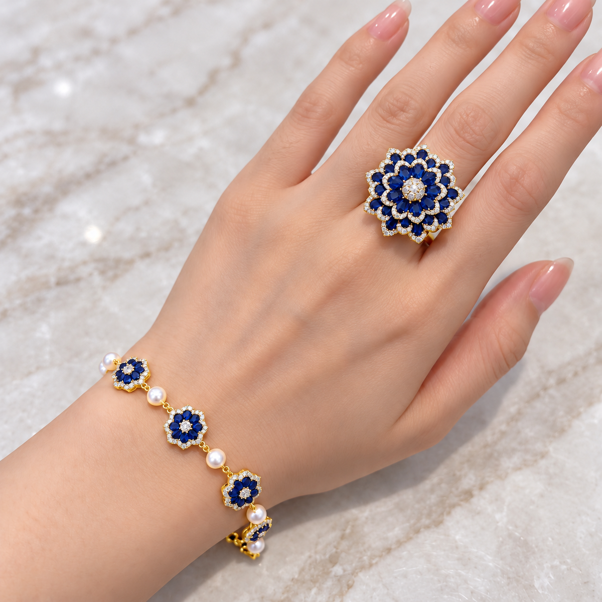 Gold plated sapphire blue floral bracelet and ring