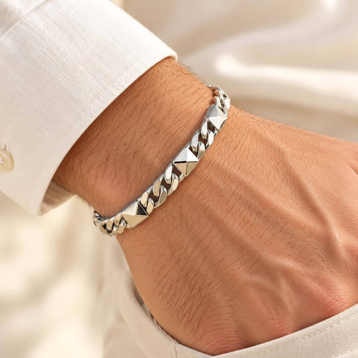 NSJMB02 geometric silver bracelet worn on a man's wrist