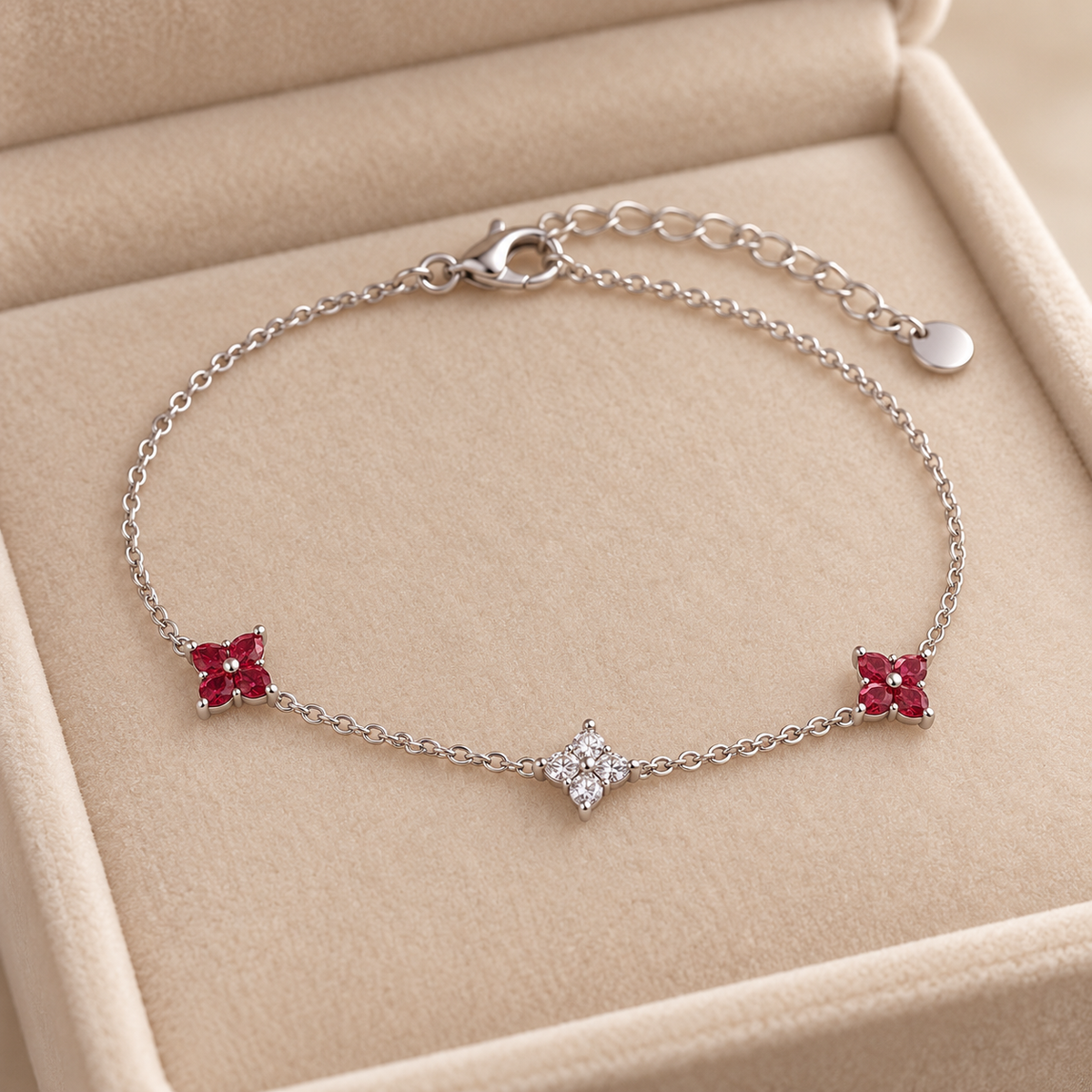 Red floral bracelet Silver in velvet box