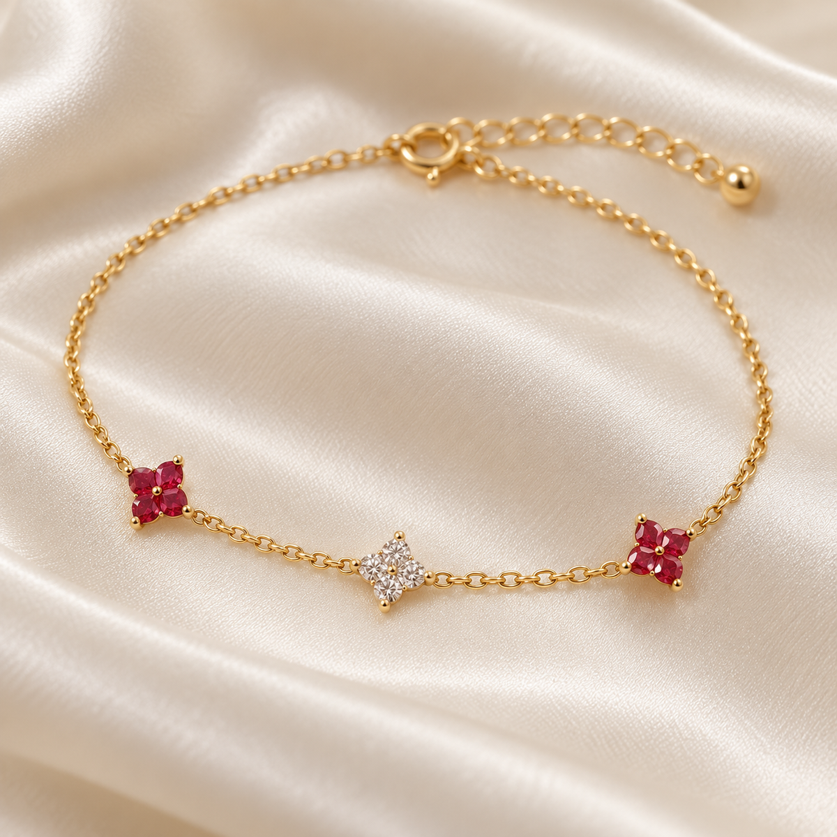 Red floral bracelet Gold on satin