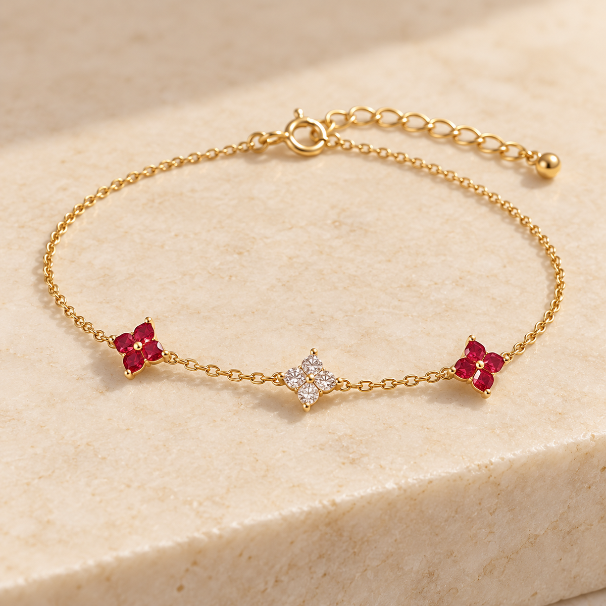 Red floral bracelet Gold on cream stone