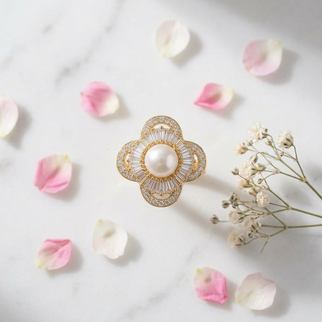 Pearl Blossom Floral Ring on marble surface with rose petals