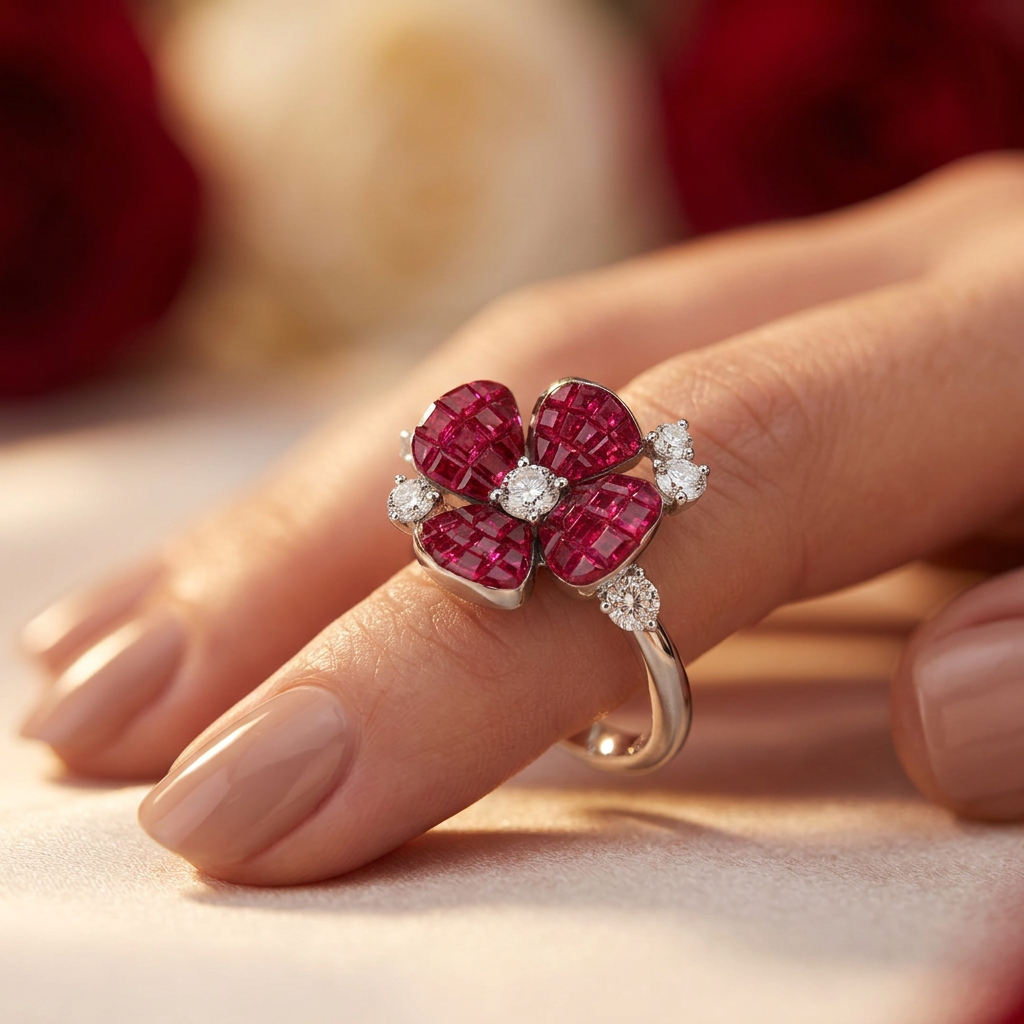 Ruby Blossom Flower Ring close-up on finger with romantic background