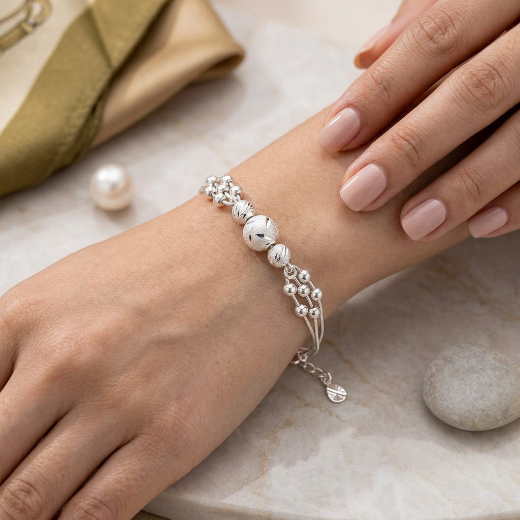 Triple-Strand Silver Beaded Bracelet worn on wrist