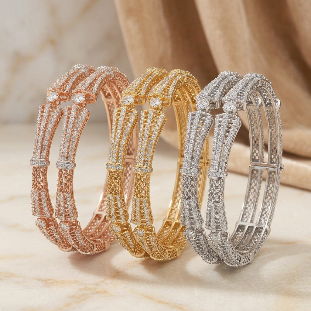 Multi-Row Mesh Bangles in three colors upright on cream marble