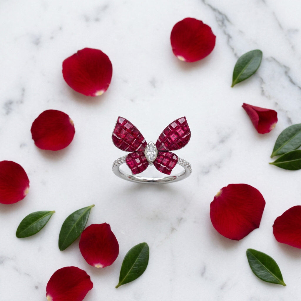 Ruby Butterfly Ring flat lay on marble with rose petals
