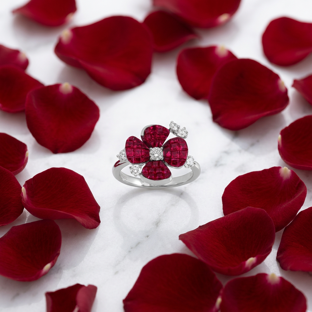 Ruby Blossom Flower Ring flat lay on marble with rose petals