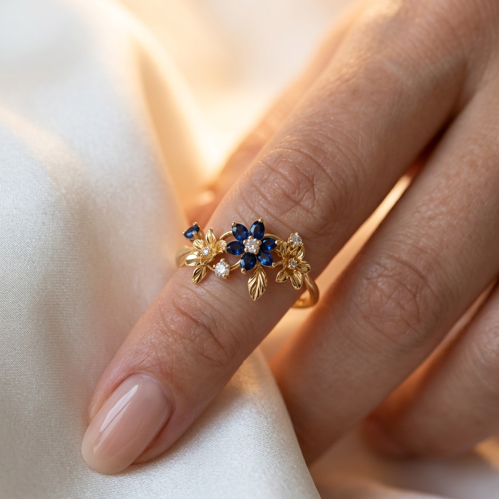 Sapphire Blossom Ring worn on finger with white silk background