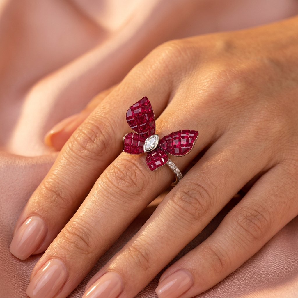Ruby Butterfly Ring close-up on finger with blush pink background
