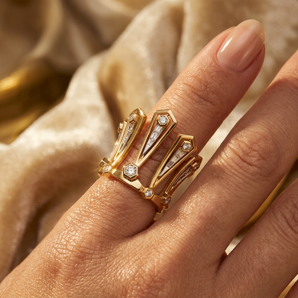Royal Crown Statement Ring close-up on finger with cream velvet background