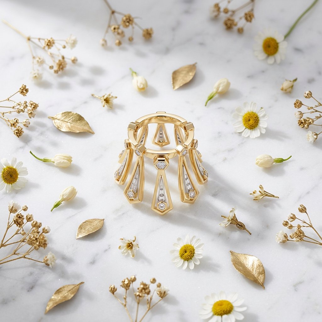 Royal Crown Statement Ring flat lay on marble with gold and white flowers