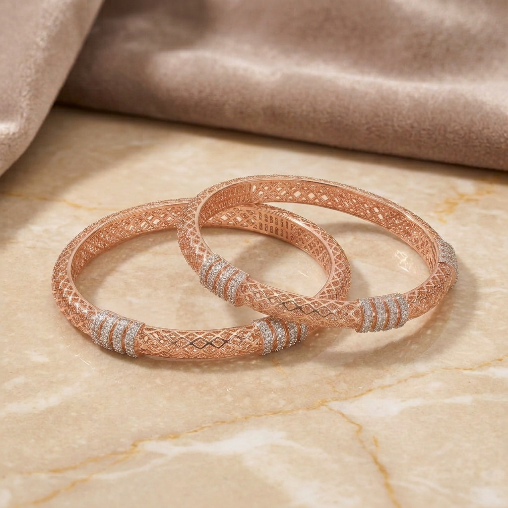 Rose Gold Mesh Lattice Bangles stacked on cream marble surface