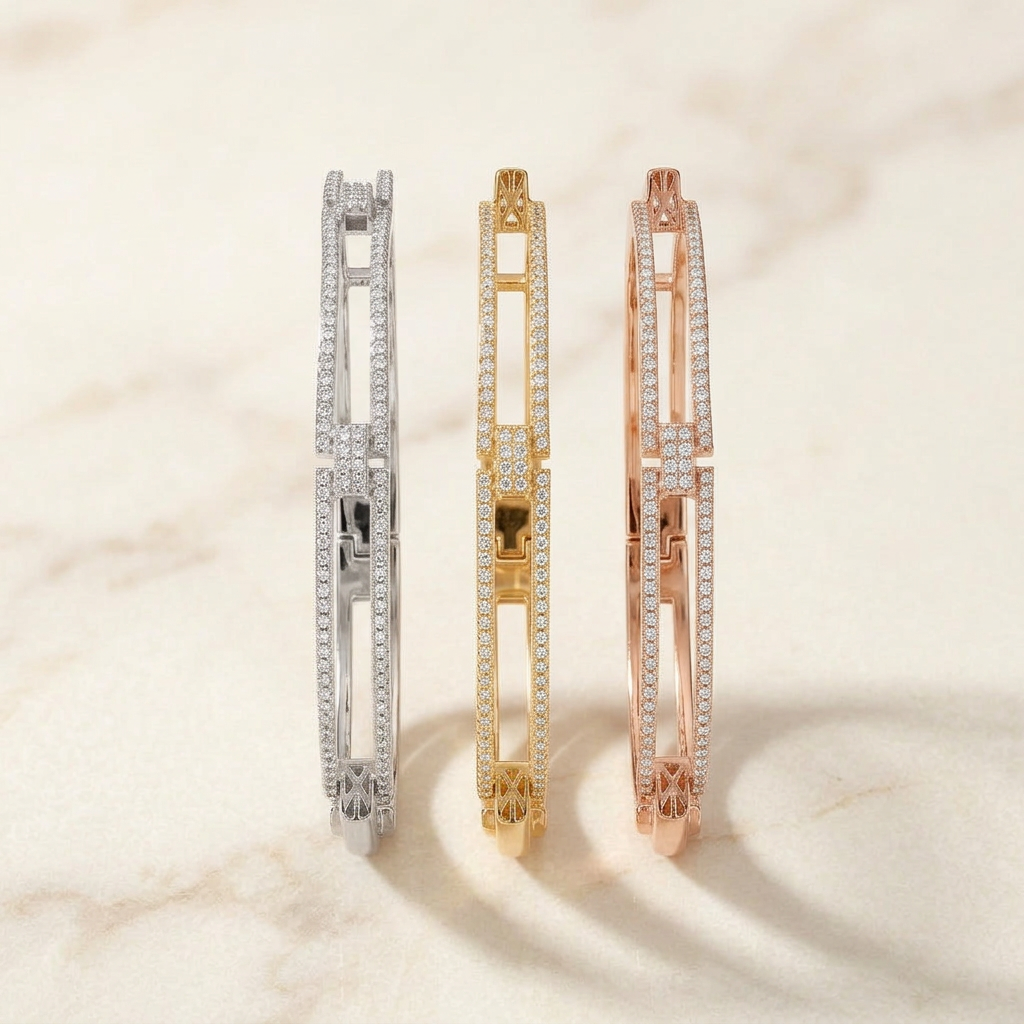 Triple Rail Pavé Stud Bangles in three colors on cream marble