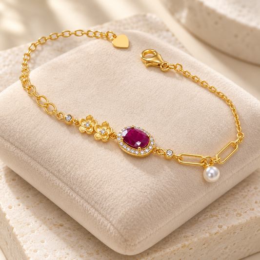 Golden Roselle ruby bloom and pearl bracelet on velvet cushion