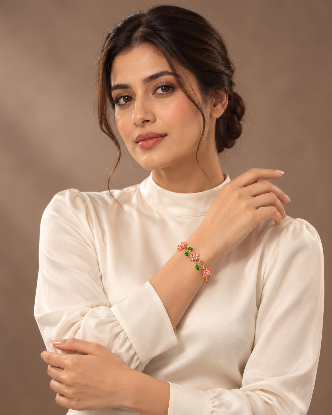 Rosalia Blossom and Vine Bracelet worn by model in full-sleeve ivory blouse