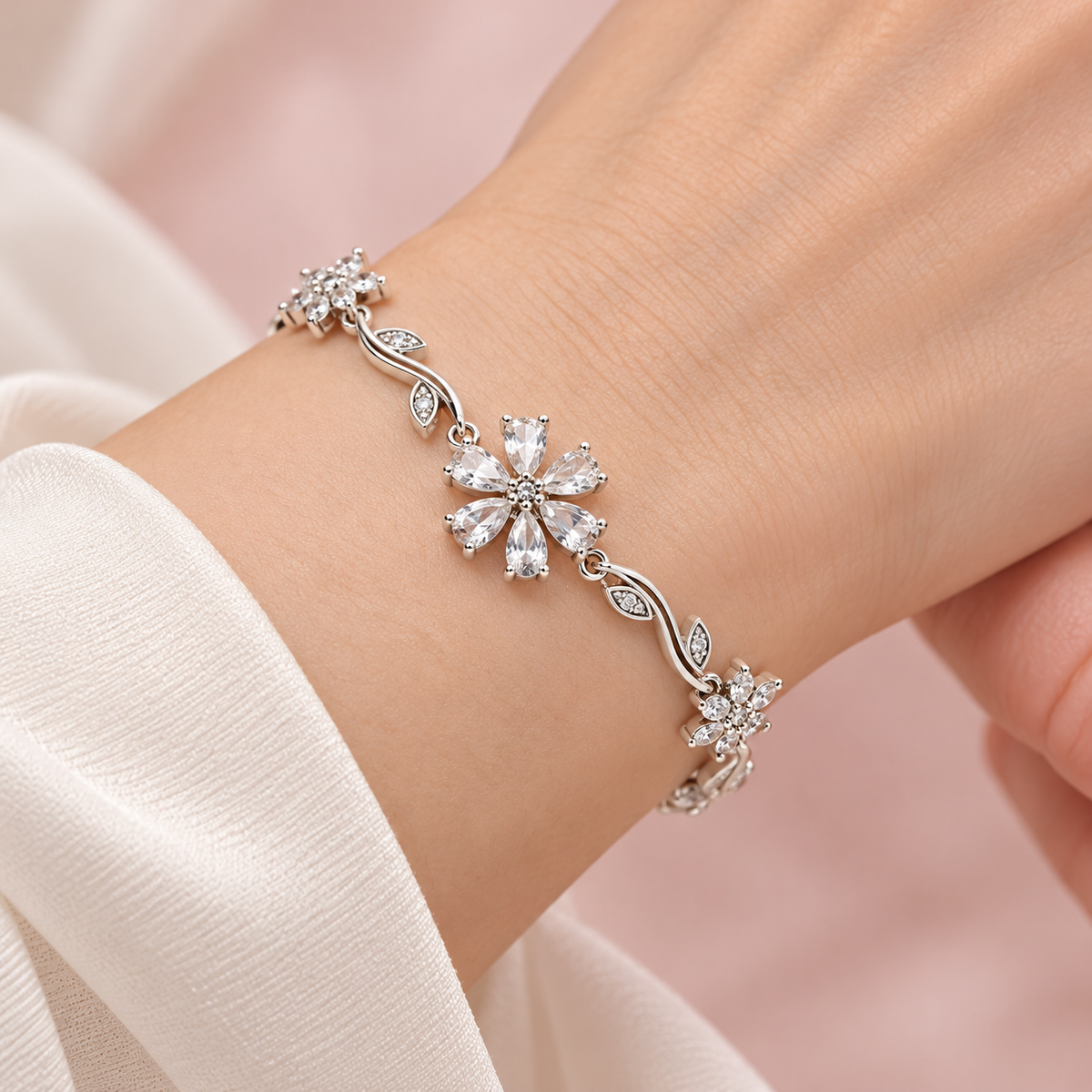 Crystal Blossom and Vine Bracelet wrist close-up