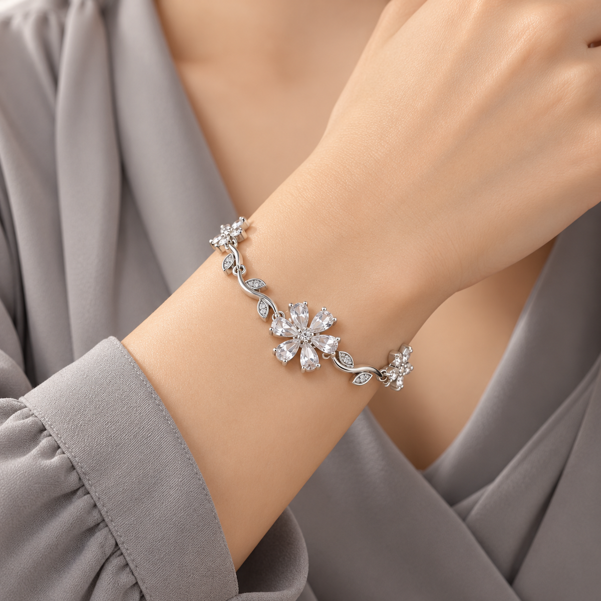 Crystal Blossom and Vine Bracelet model close-up