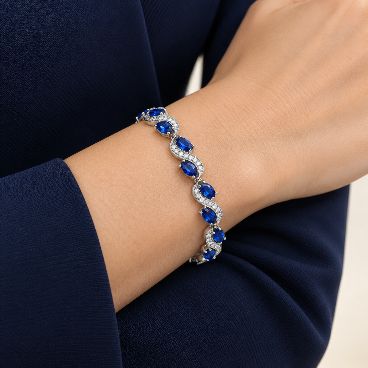 Royal Blue Oval Silver Bracelet model close-up