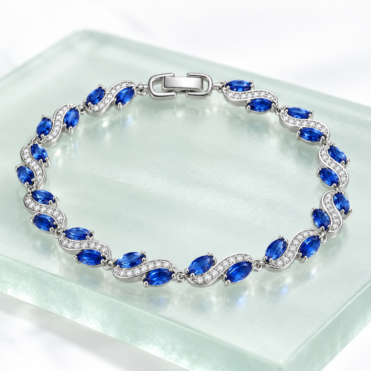 Royal Blue Oval Silver Bracelet mint glass display