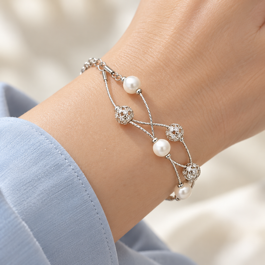 Double Strand Pearl Silver Bracelet wrist close-up