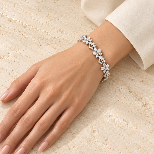 Butterfly and Baguette Silver Bracelet manicured hand