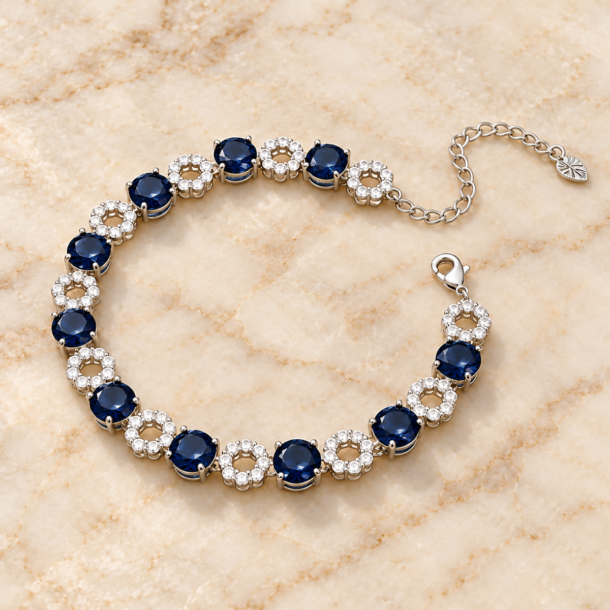 Navy Blue Floral Circle Silver Bracelet cream marble